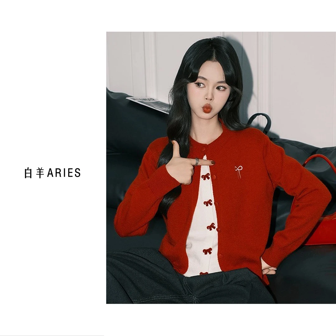 幻窈 韩系蝴蝶结红色假两件开衫毛衣女冬季新款松弛慵懒风针织衫