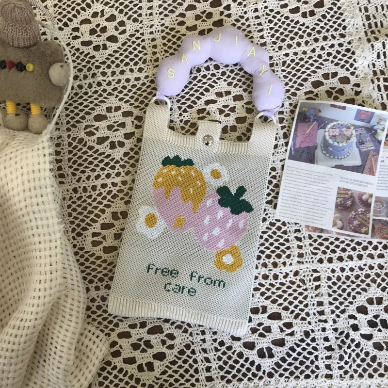 手机包单肩网红针织少女敞口手包式磁扣红色格子日系简约