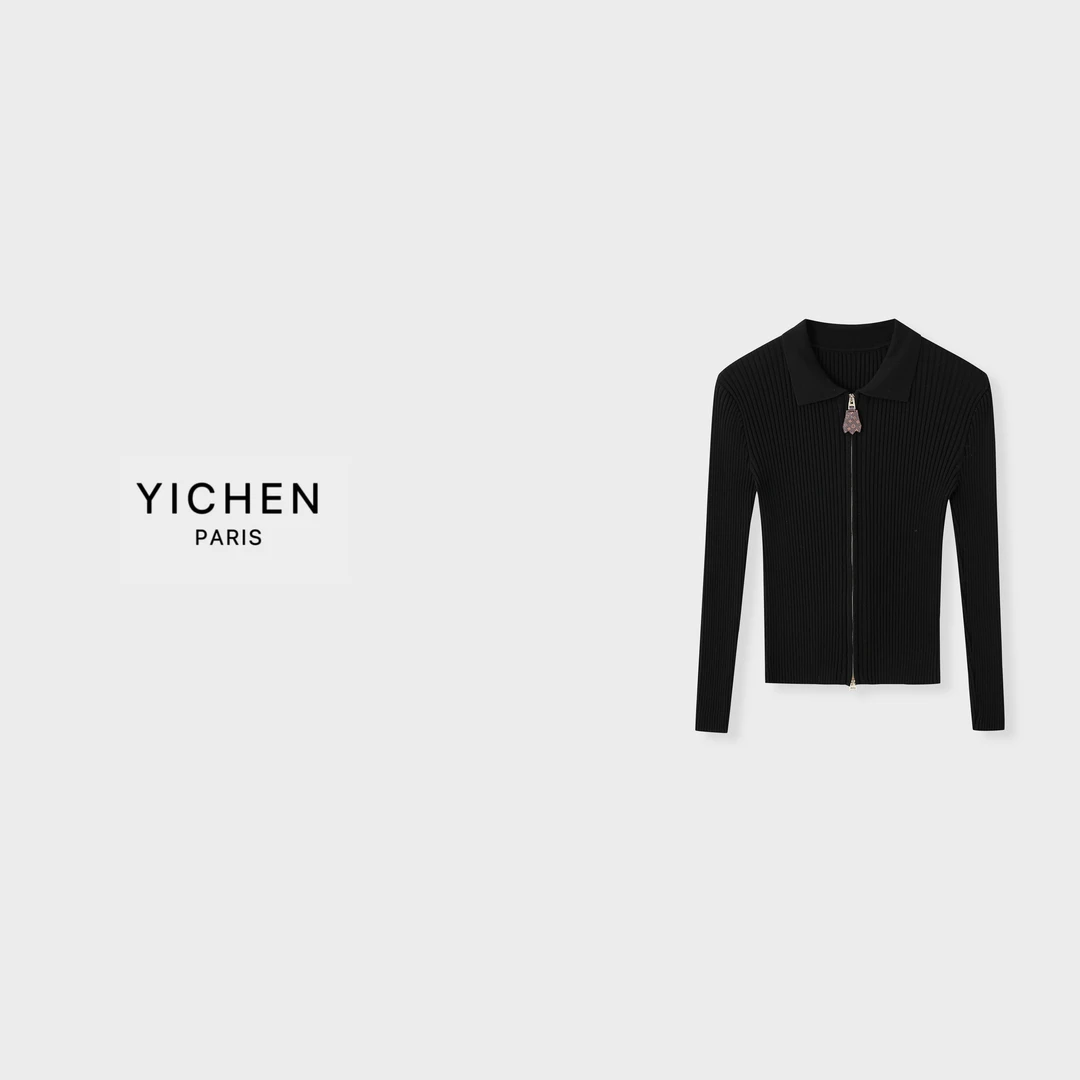 YC 黑金老花拉链小翻领竖坑条修身显瘦针织衫-6097
