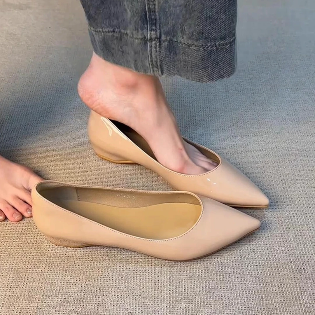 羊皮版~法式温柔通勤平底单鞋女简约一脚蹬内增高裸色浅口工作鞋