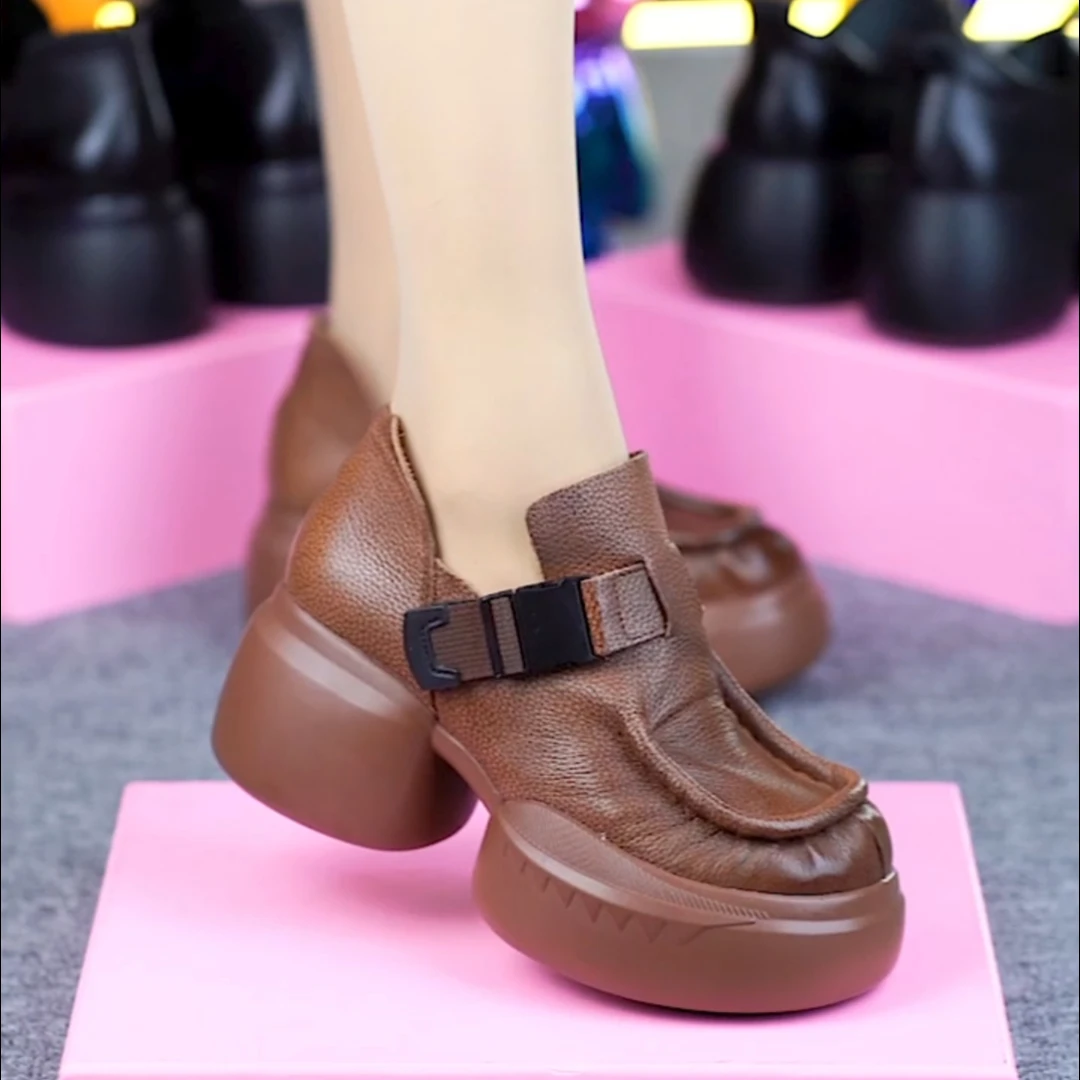 2359-1真皮女鞋纯牛皮圆头粗跟厚底皮带卡扣休闲百搭增高单鞋