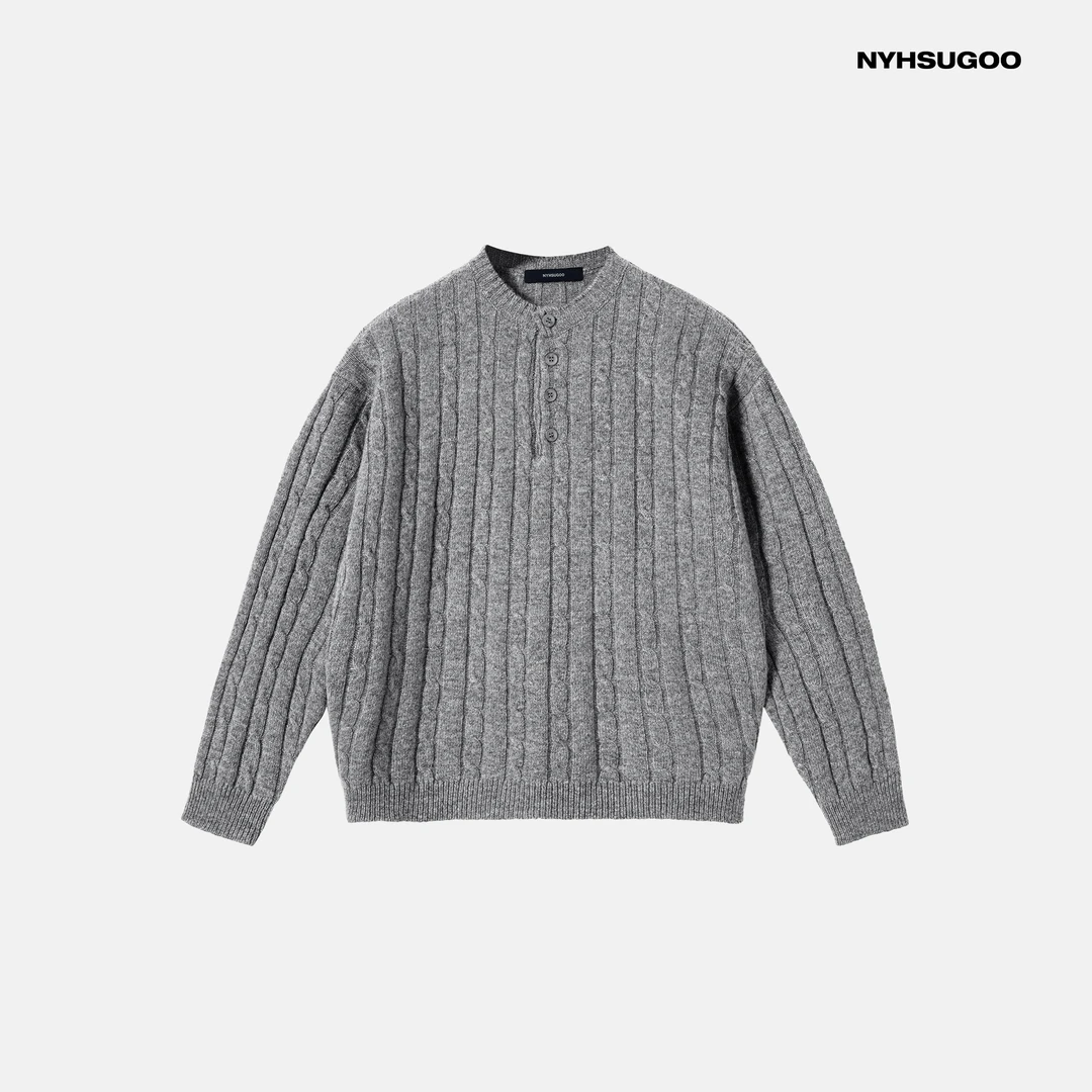 NYHSUGOO/南乙2025秋季100%绵羊毛亨利领麻花针织套头3658毛衣男
