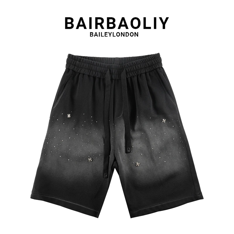 BAIRBAOLIY渐变色大牌质感重磅轻奢潮流满天星十字架五分短裤男装