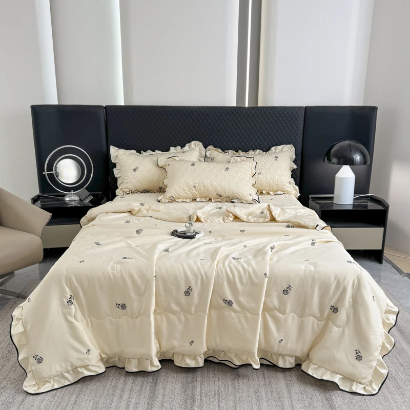 新品韩版花边冰柔丝夏凉被床盖四件套可机洗不变形夏季空调被子