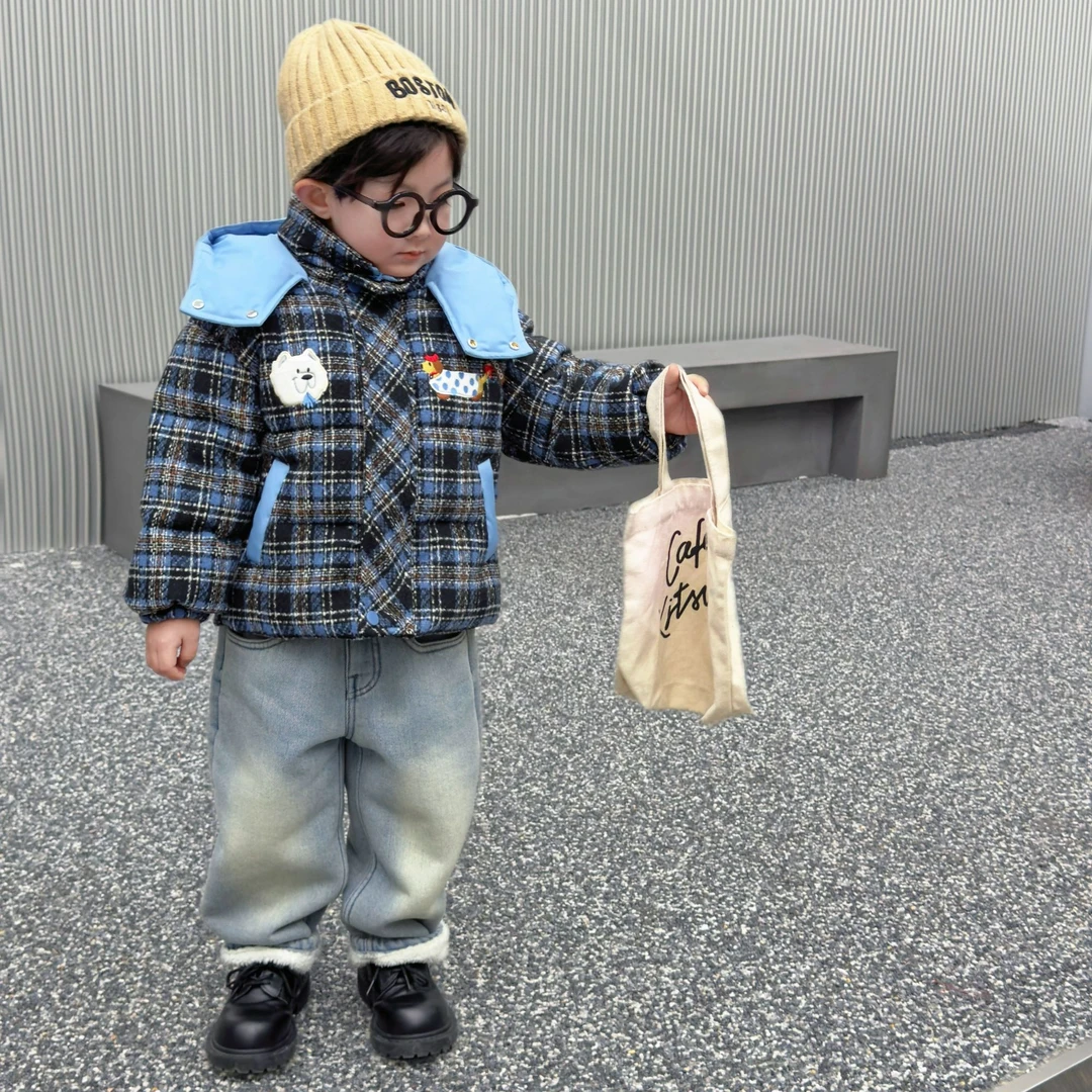MOMOCO冬季新款男童时尚蓝色格子绣花棉服保暖外套75480101015