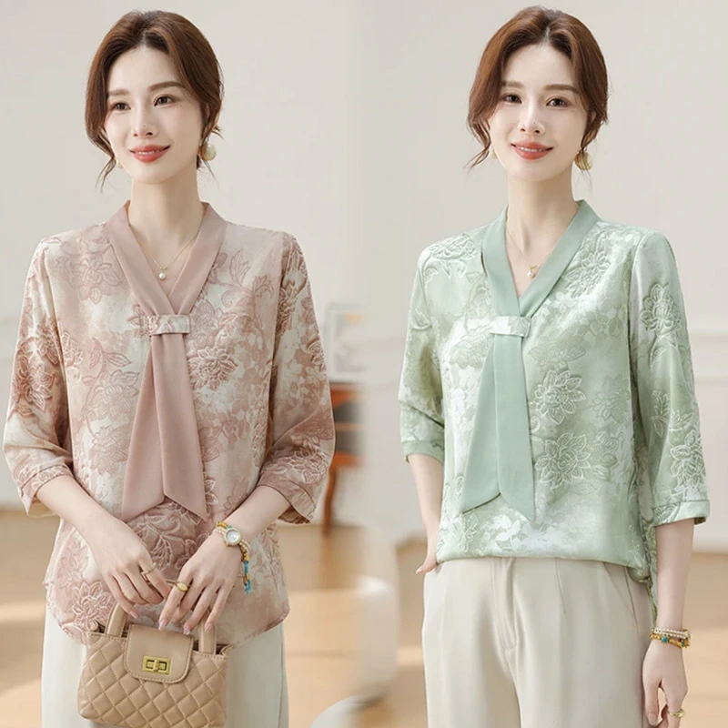 母亲节妈妈夏装减龄小衫2025新款洋气T恤中老年女夏季七分袖上衣