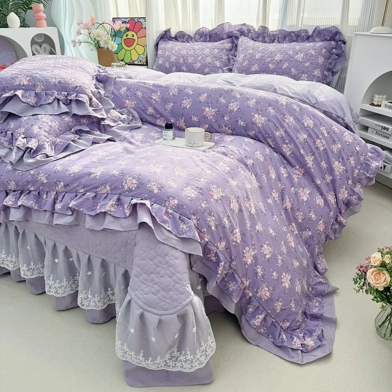 ins风小碎花床盖四件套软糯皱皱棉双花边被套学生宿舍三件套