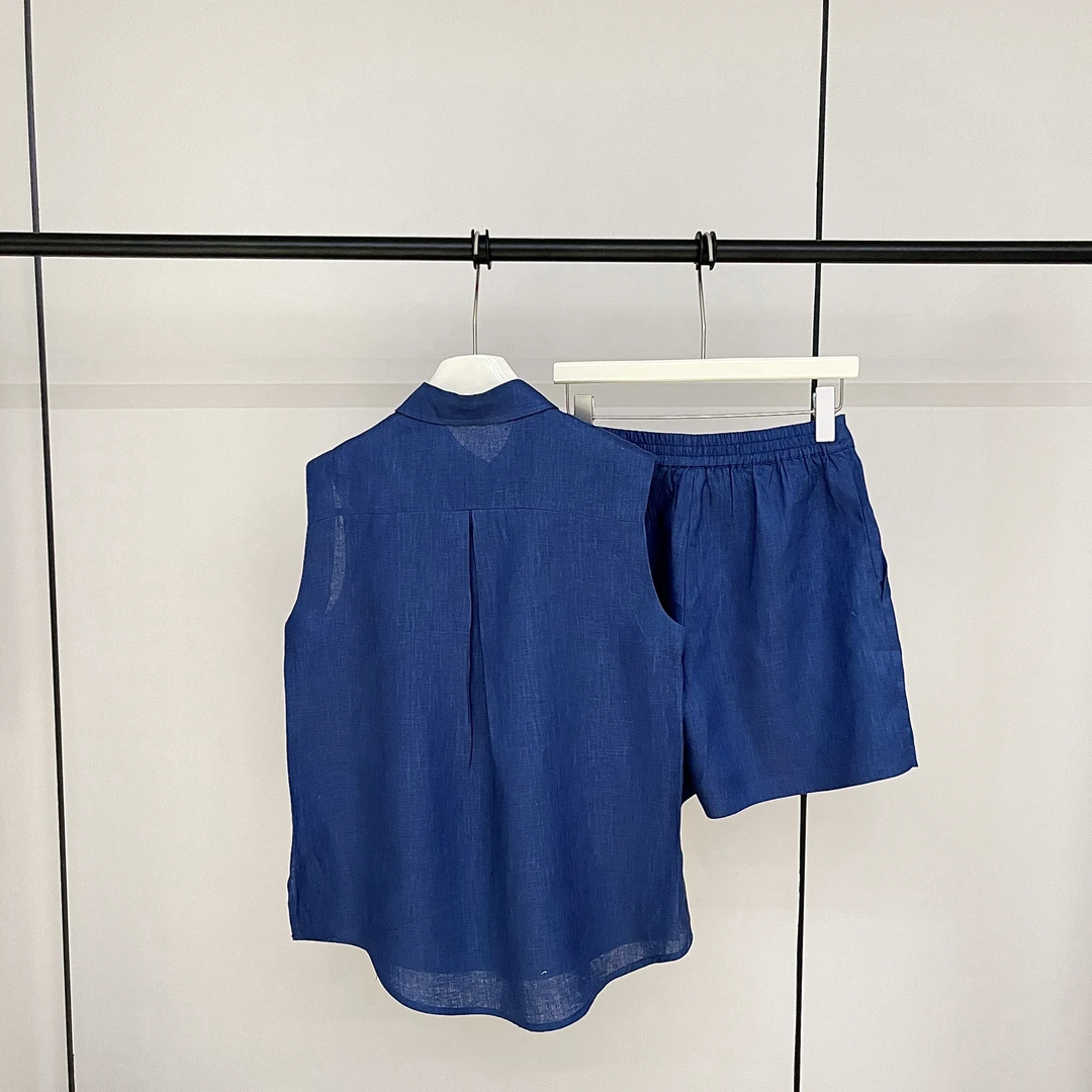 【ZISHUO】5433 蝉衣轻透 100亚麻 拉夫套装蓝色夏季