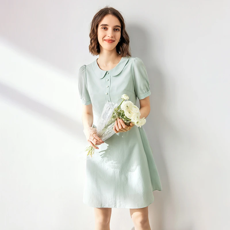 法曼萱连衣裙女短袖夏新款小个子泡泡袖裙子LYQ4957