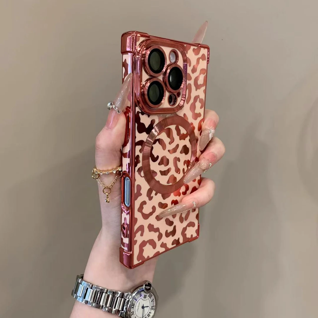 潮牌豹纹气质直角适用16proMax手机壳苹果15pro女款iPhone14防摔