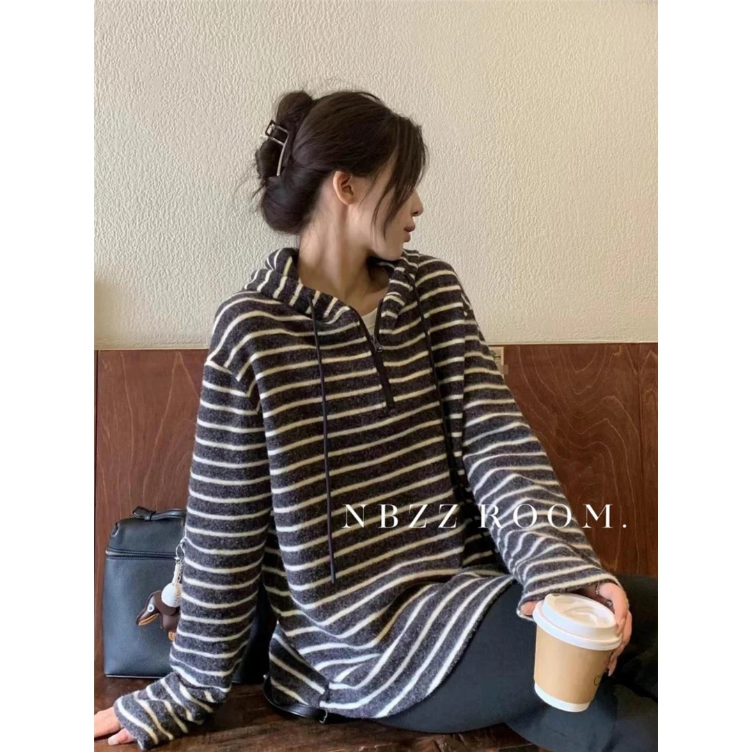 磨毛连帽条纹加厚卫衣女半拉链长袖宽松撞色毛绒打底衫加厚上衣服