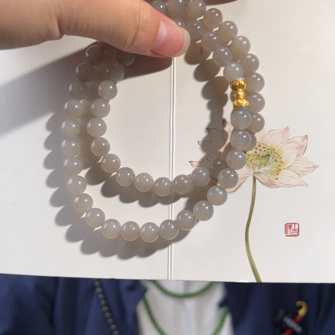 和田玉银S925镶嵌颈饰粉烟紫8mm妈妈链330