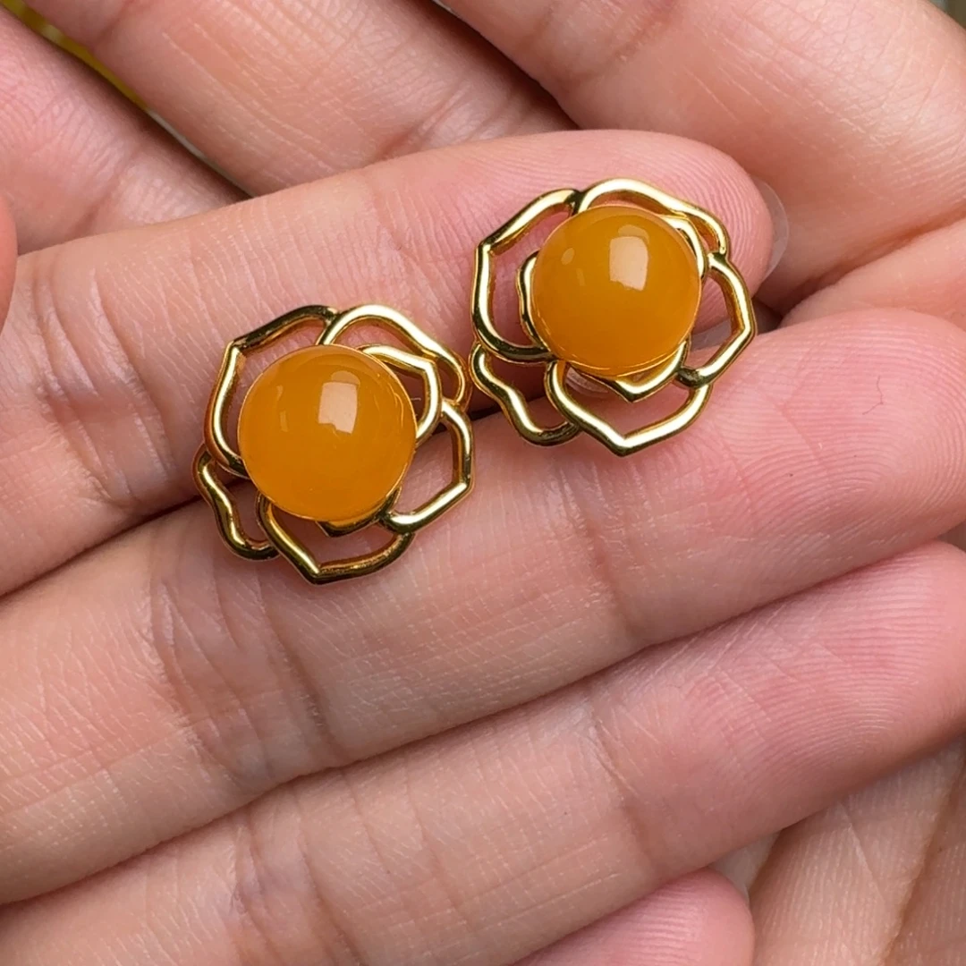 蜜蜡银S925镀金镶嵌耳饰