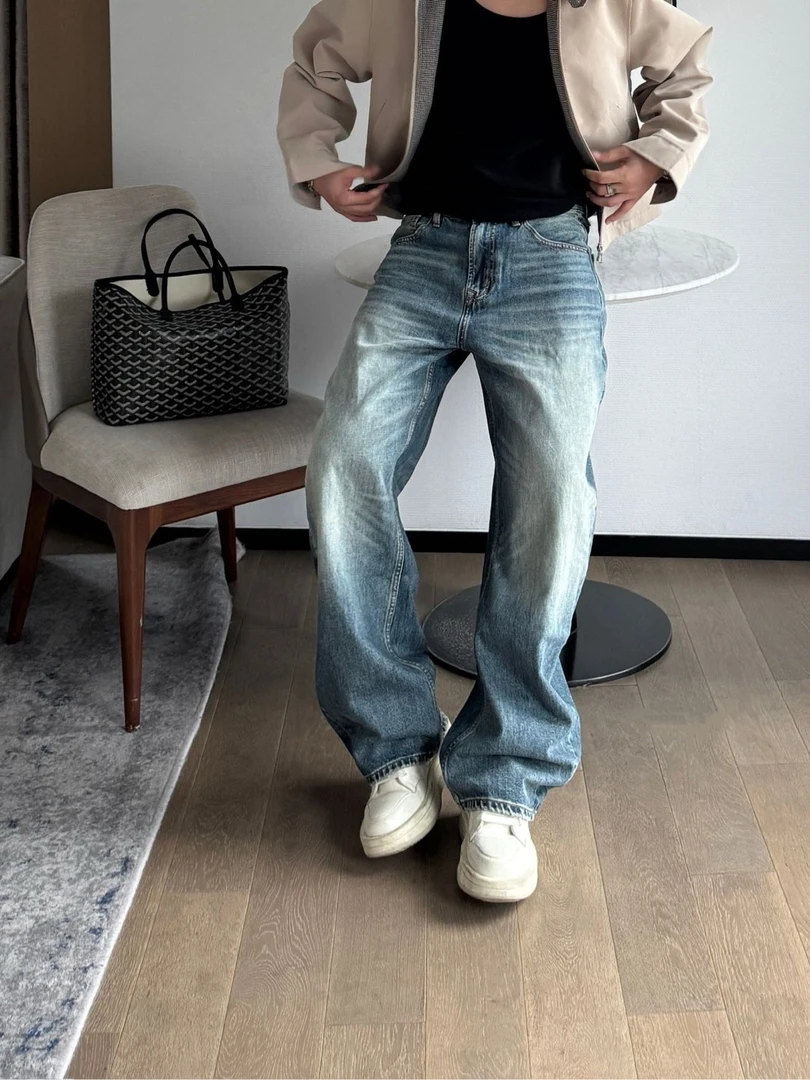 LaiMaI.Form高腰男显瘦秋季男士香蕉廓形牛仔裤休闲水洗做旧