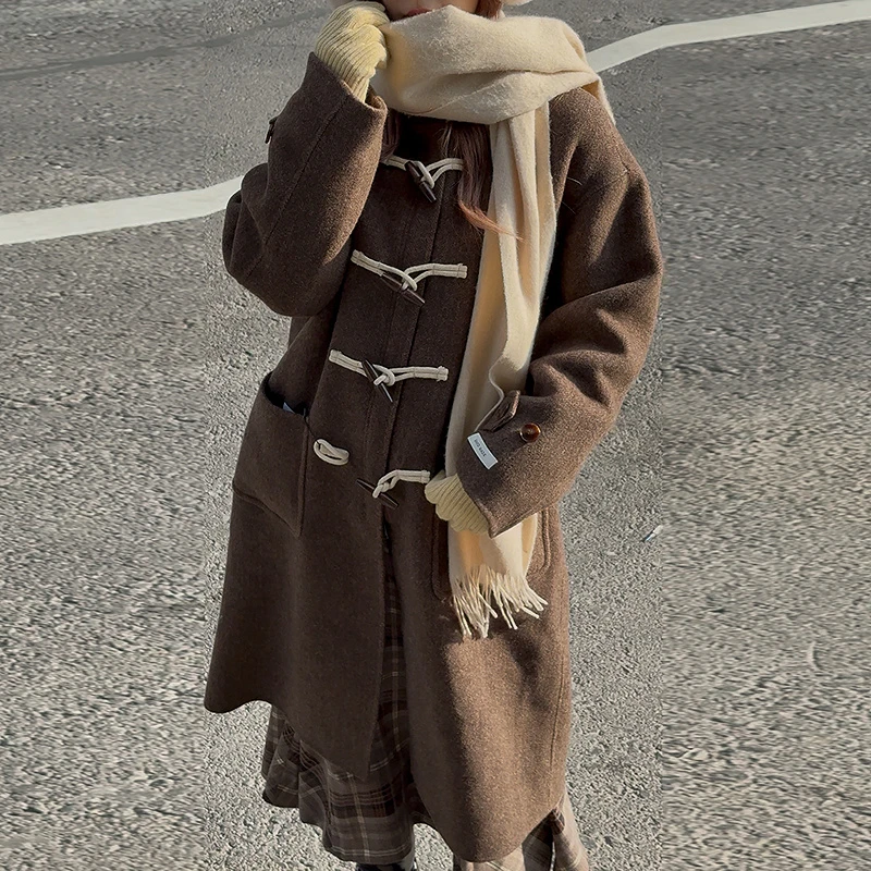 MOUSSY 2025冬季新品通勤复古风牛角扣长款毛呢大衣028IAC30-1089