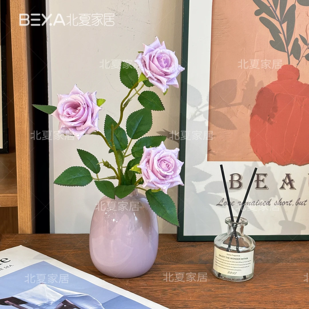 露水玫瑰花束插花客厅餐桌单支假花家居摆设花艺套装摆件