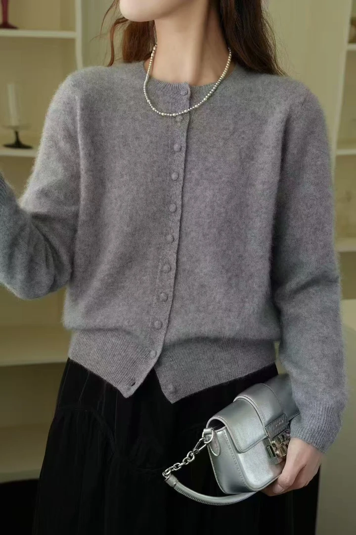 澳洲优质拉毛羊绒羊毛开衫女秋冬内搭慵懒廓形显瘦重磅圆领开衫