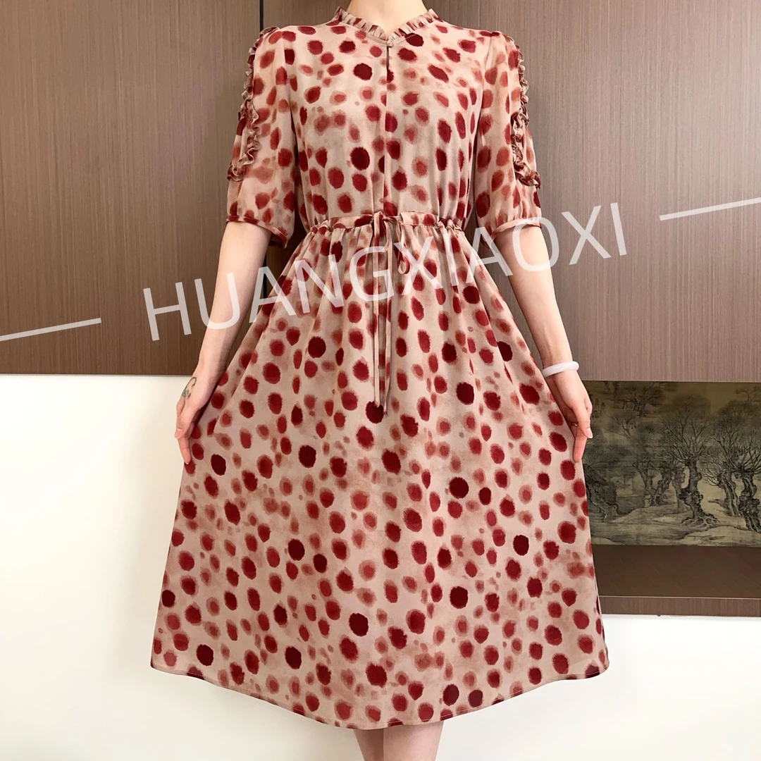 HUANGXIAOXI 红波点木耳领花边袖洋气减龄中袖连衣裙 HXX-297