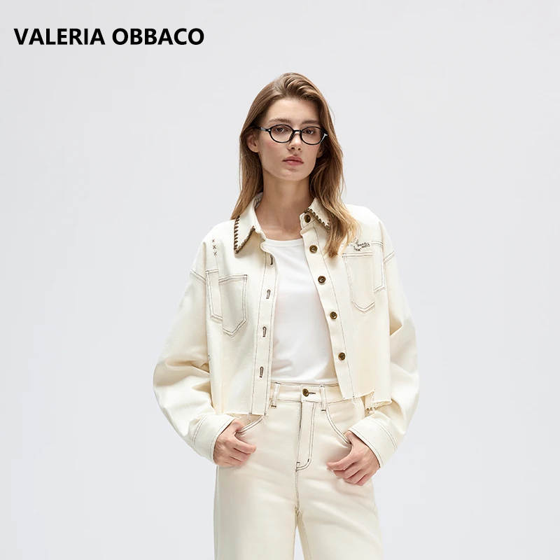 VALERIAOBBACO/瓦莱丽娅 奥贝科白色复古涂鸦牛仔外套裤子套装
