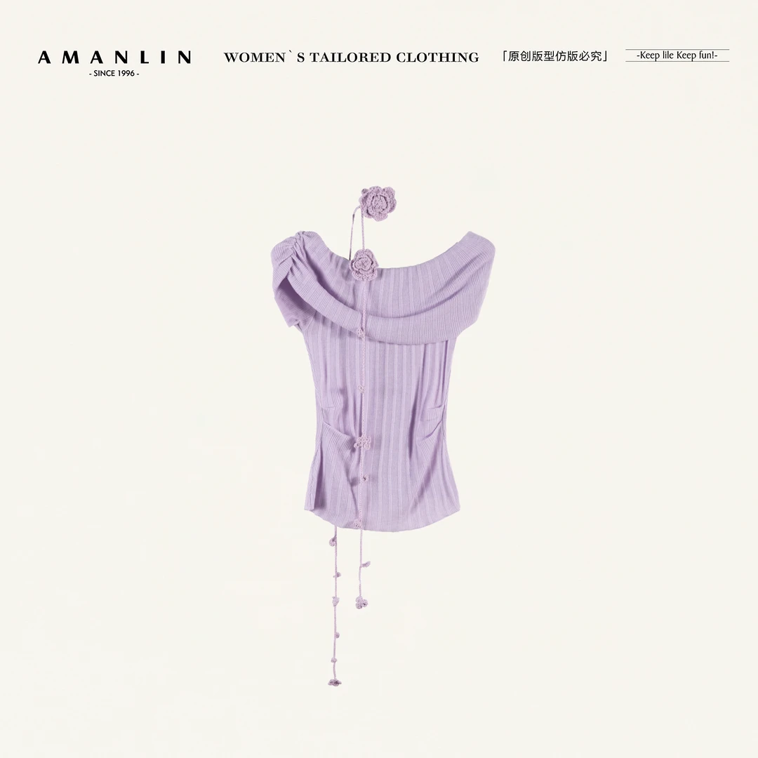 AMANLIN/阿谩琳欧若风春季新款针织一字肩短袖T恤紫色上衣F596615