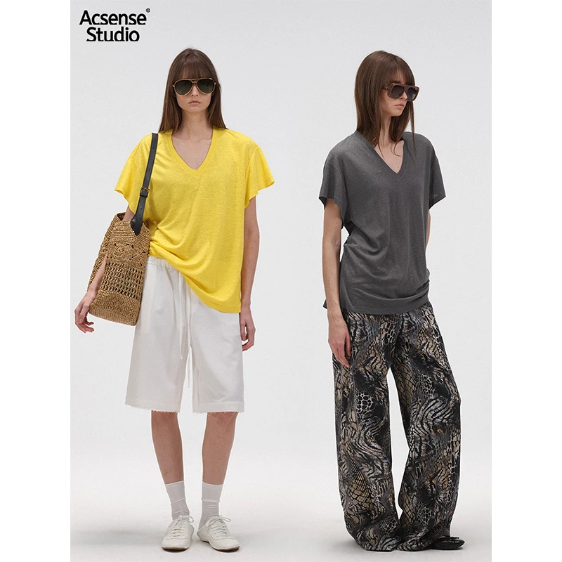 ACSENSE 慵懒天菜宽松V领亚麻短袖tee