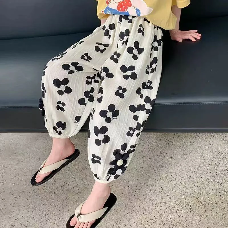 800124童装女童休闲长裤 2025夏季儿童洋气花朵休闲裤宝宝长裤子