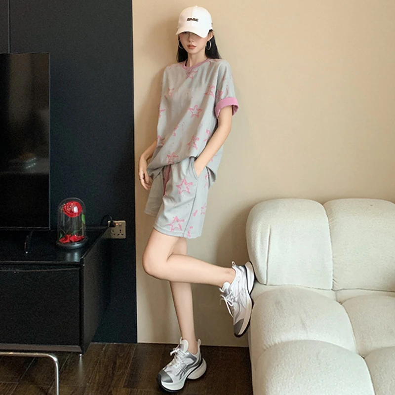 高级感时尚运动套装女夏季新款洋气减龄印花圆领短袖短裤两件套潮