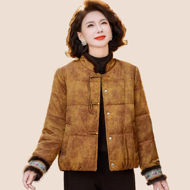 国风加棉外套妈妈冬装新款中年女士加绒立领棉服中老年洋气贵夫人