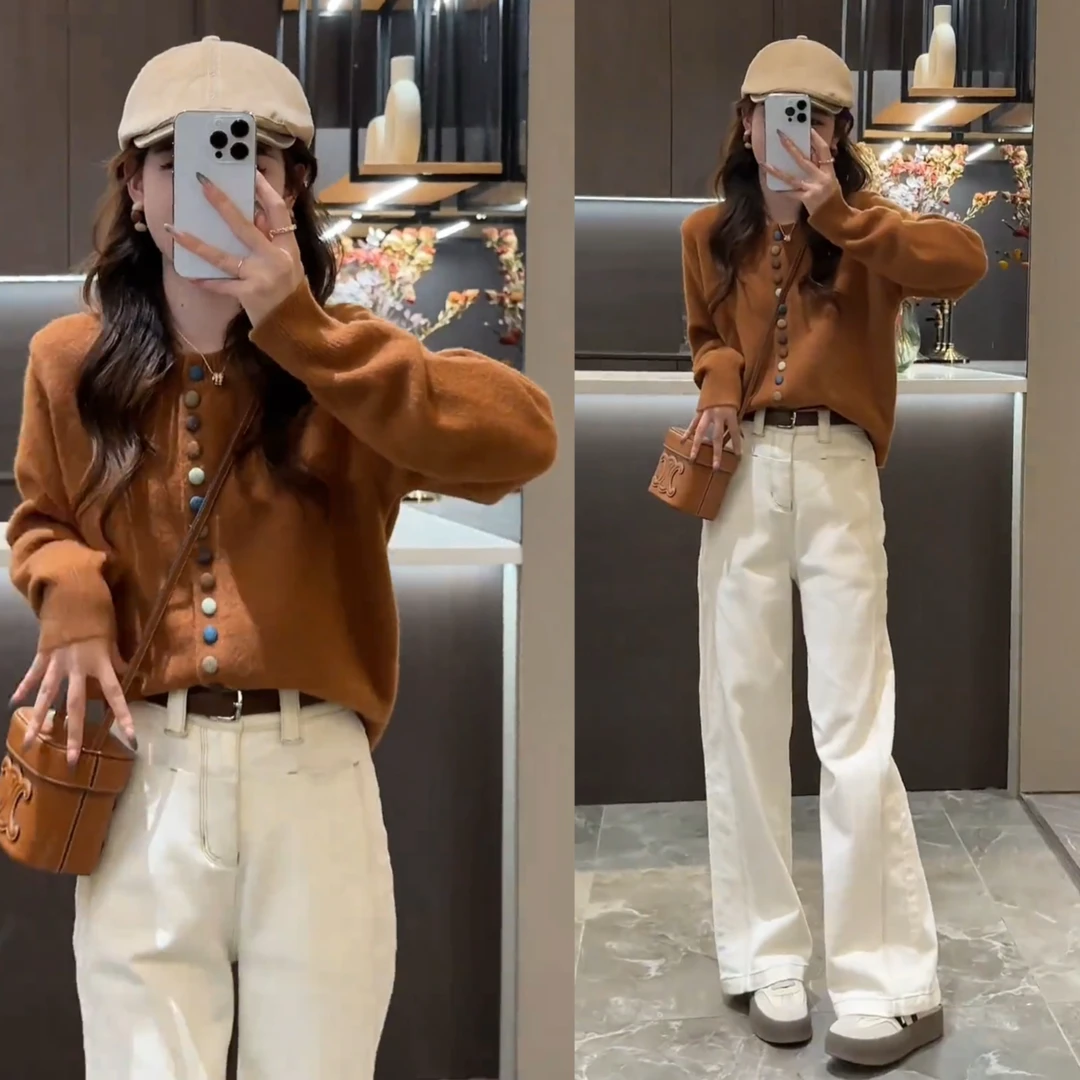 【现货运费险】秋季新款气质宽松百搭彩色纽扣圆领针织衫直筒牛仔裤