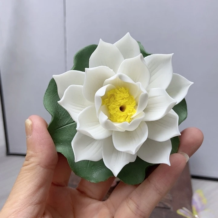 摆件手工制作陶瓷花荷花香插摆件