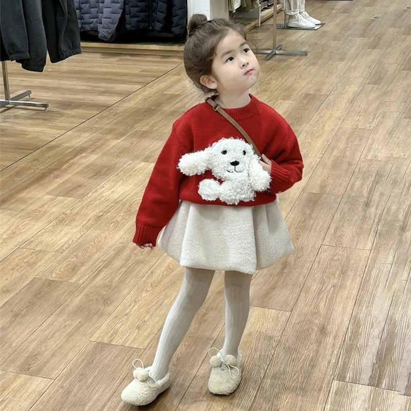 炸街潮流童装新年装红色毛绒小狗针织衫+公主花苞裙宝宝过年衣服