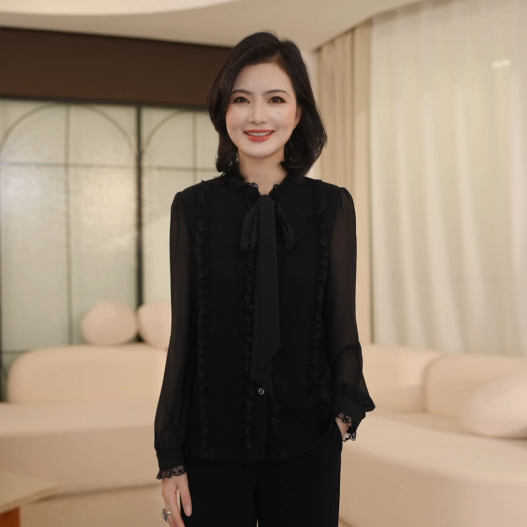 枫竺阿楠anan气质系带领蕾丝拼接长袖衬衫女冬通勤百搭打底上衣