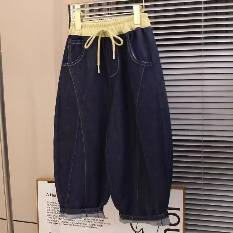 男女儿童韩版时尚个性撞色边阔腿裤休闲宽松日常百搭牛仔裤男孩