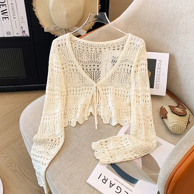 V领网织镂空防晒开衫女夏薄纱渔网罩衫配吊带裙子外搭披肩上衣秋