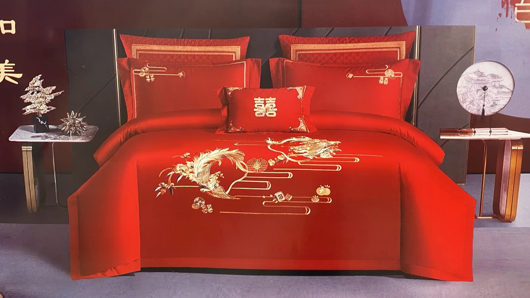 长绒棉刺绣加大四件套结婚中式