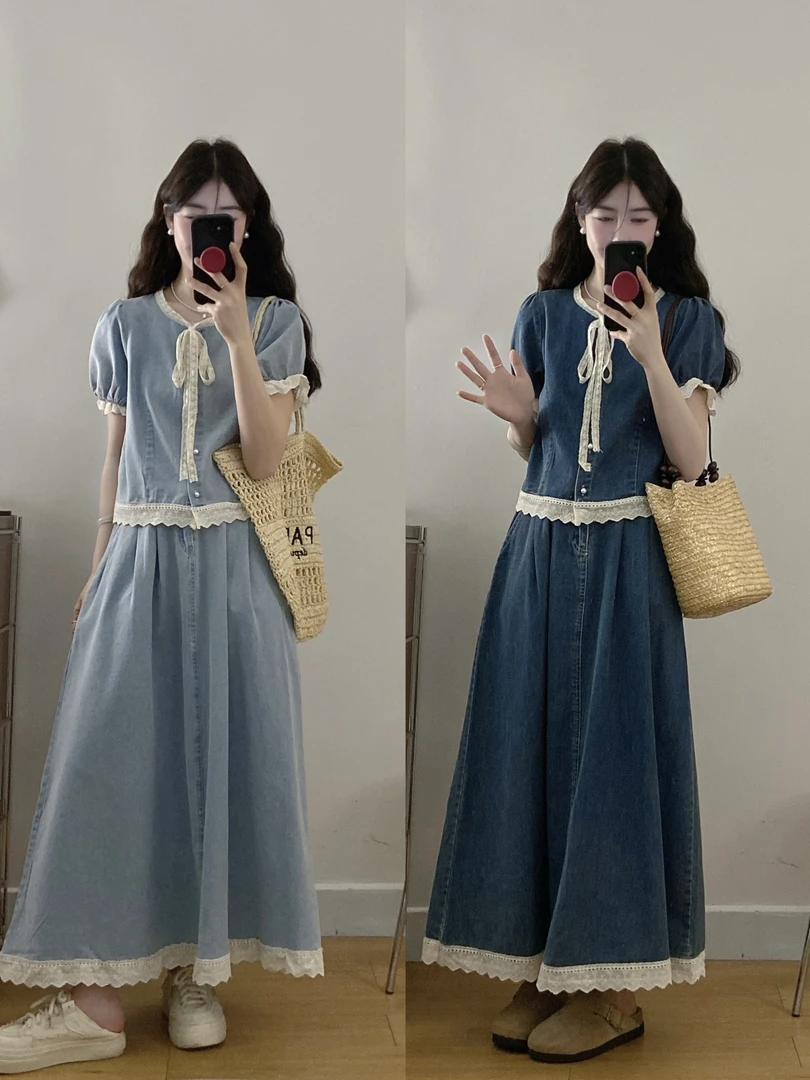 裙子夏季新款韩版时尚气质显瘦百搭蕾丝拼接牛仔上衣半身裙两件套