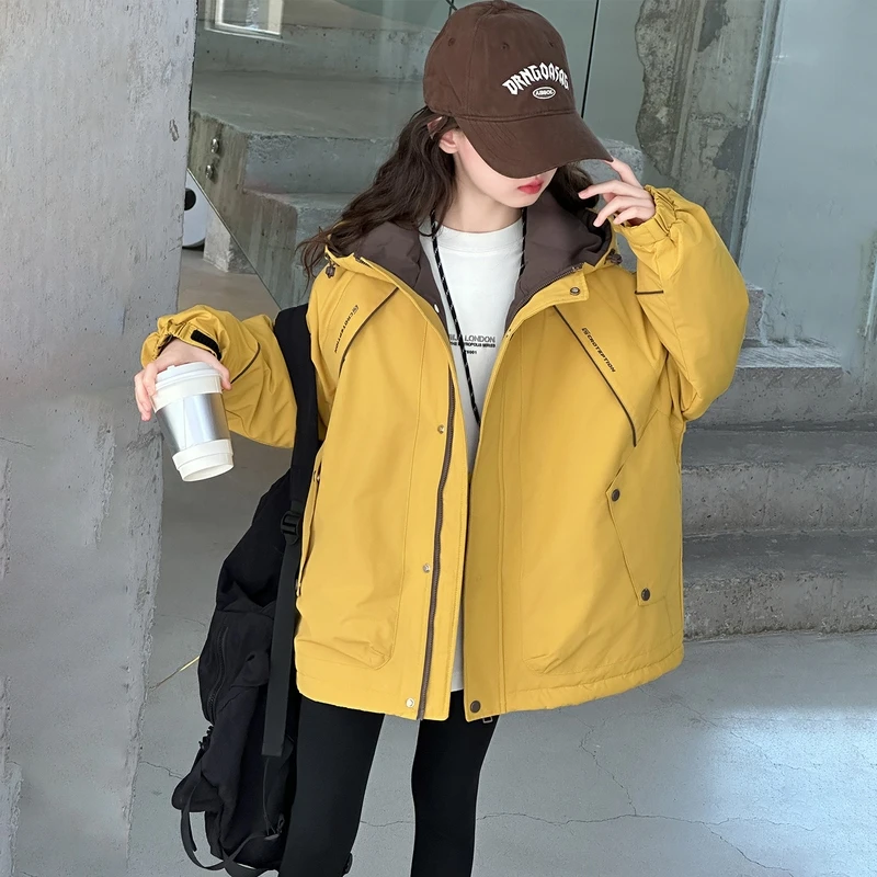 女童冲锋衣外套夹棉加厚秋冬款2025新款儿童冬装风衣女孩黄色上衣