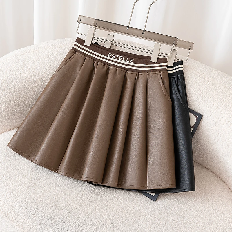 显瘦PU皮短裙女高腰洋气百搭A字显瘦半身裙巨好看韩版时尚百褶裙