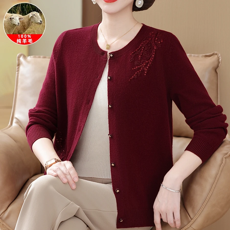 100%纯羊毛妈妈装秋冬毛衣针织开衫上衣洋气50多岁中老年母亲衣服
