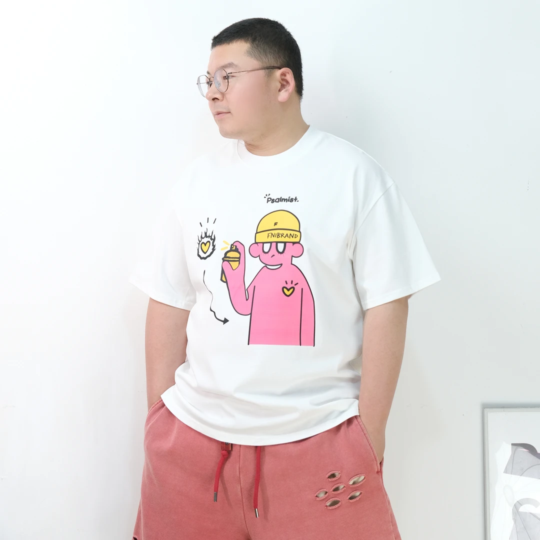 夏季日系粉色卡通人物印花重磅纯棉短袖T恤男女宽松休闲大码上衣