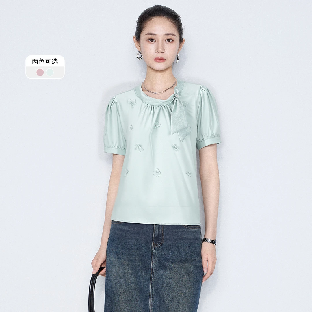 【粉丝专属】细带结刺绣圆领短袖上衣泡泡袖通勤女式衬衫VHSD07POH0