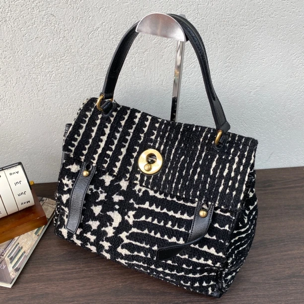 95新 YSL/圣罗兰 针织粗花呢翻盖公文单肩包复古黑色底长12124220