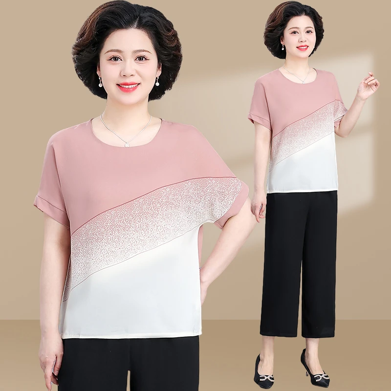年轻妈妈夏装冰丝短袖上衣洋气2025新款中老年女时尚夏季雪纺套装