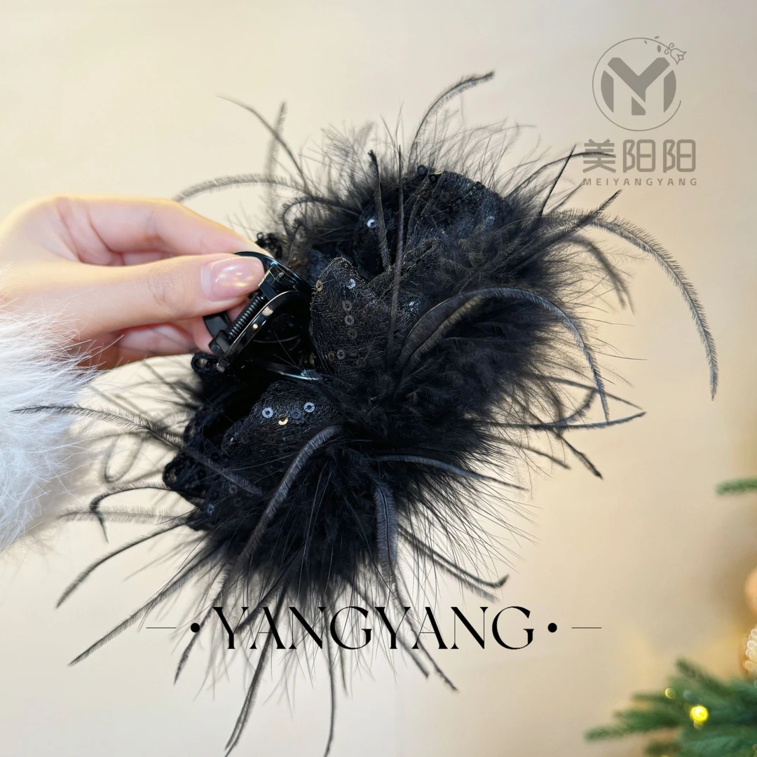 秋冬黑色羽毛抓夹大号鲨鱼夹新款发夹后脑勺全盘发抓夹