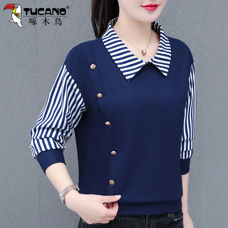 啄木鸟假两件条纹女士卫衣春秋2025年新款中年妈妈洋气娃娃领上衣