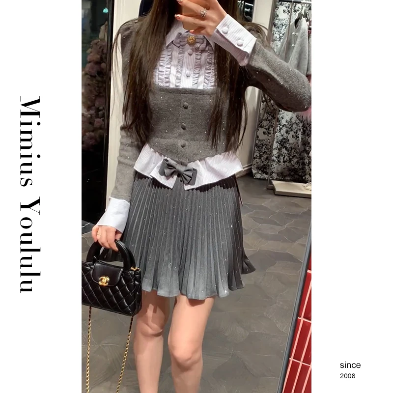 【mimius】&七七 蝴蝶结木耳边拼接针织毛衣+百褶裙裤 F11069