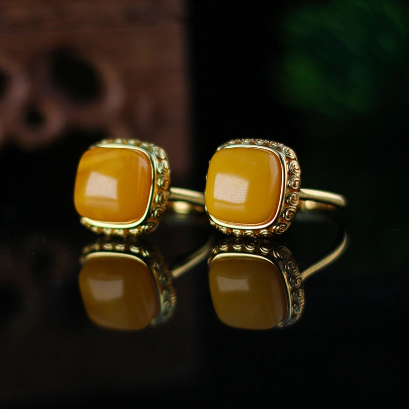 【方糖】S925银镶嵌天然方糖蜜蜡戒指【多样性发其一】