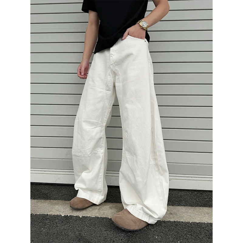 白色立体老钱风弯刀裤男春秋垂感美式百搭直筒牛仔长裤潮牌休闲裤