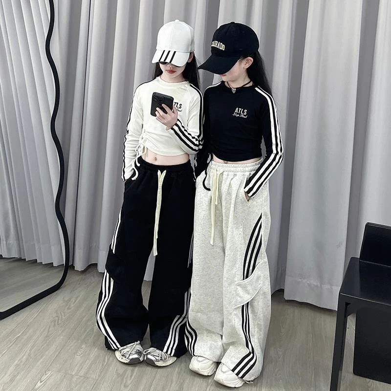 女童休闲裤子套装2025新款洋气运动直筒阔腿裤女孩春秋T恤打底衫