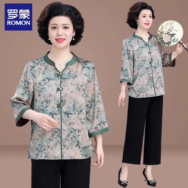 罗蒙50岁60妈妈夏季国风套装新款中老年女夏装短袖休闲小衫两件套